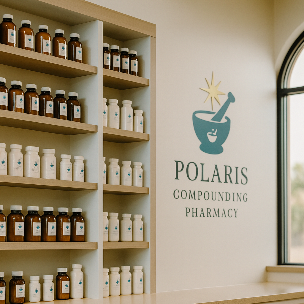 Shelf filled with brown and white bottles inside Polaris Compounding Pharmacy with a logo on the wall showing a mortar and pestle with a star and the pharmacy's name.