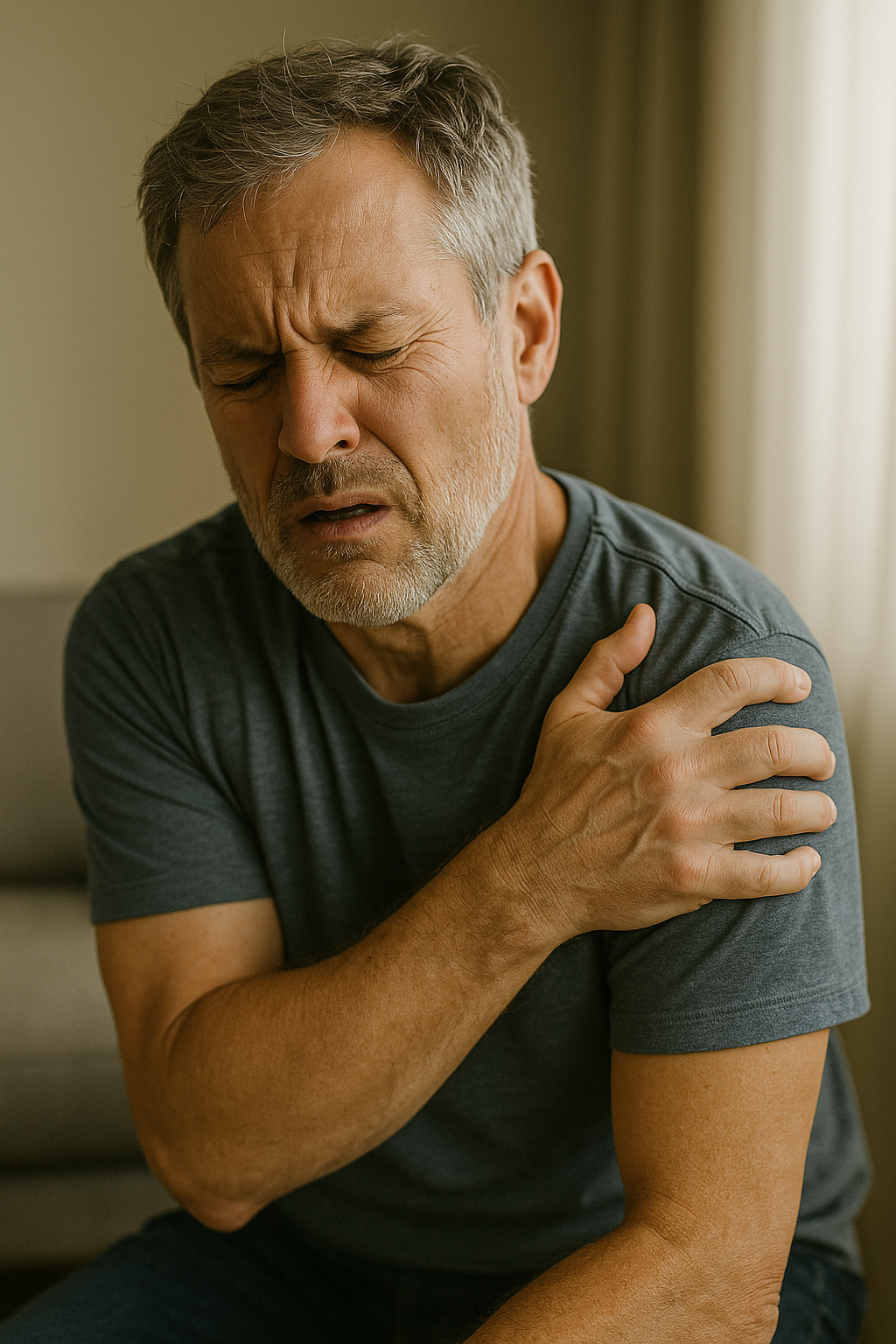 An older man with gray hair and a beard is sitting and holding his shoulder with a pained expression on his face.