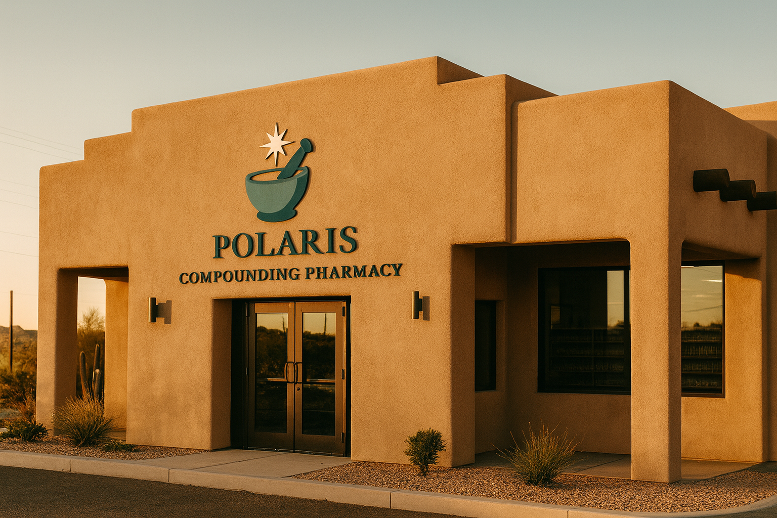 Exterior view of Polaris Compounding Pharmacy building with signage, desert landscaping, and bright sunlight.
