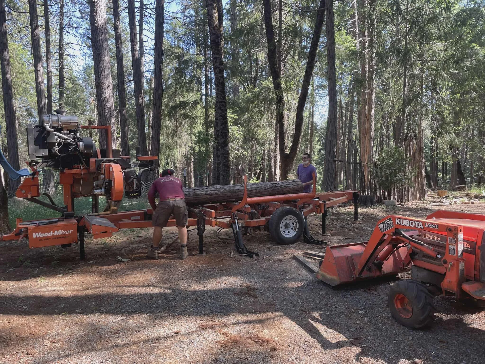 Two people operating a wood sawmill cutting a log in a forest, with trees in the background.