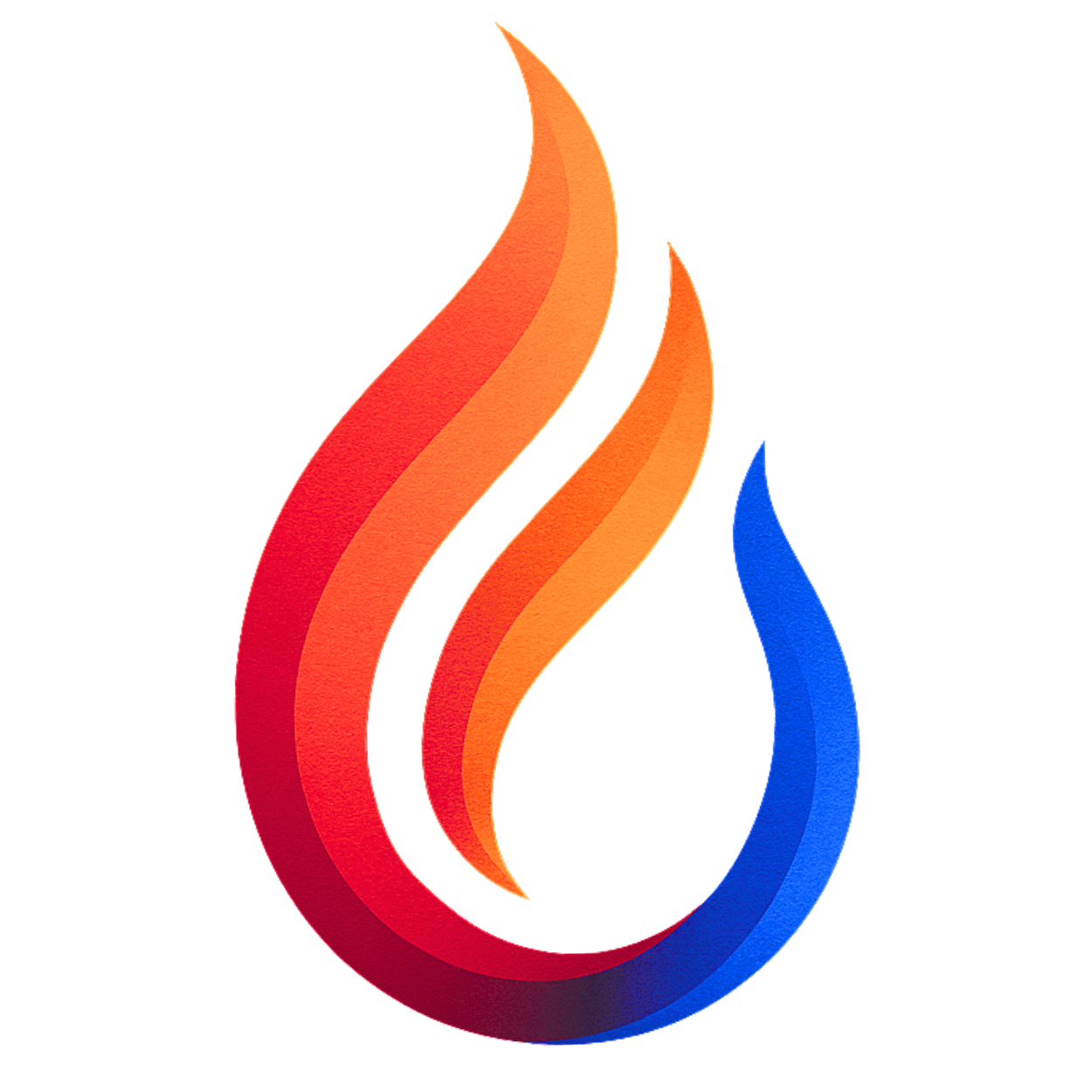 Colorful flame logo with red, orange, and blue flames on a black background.