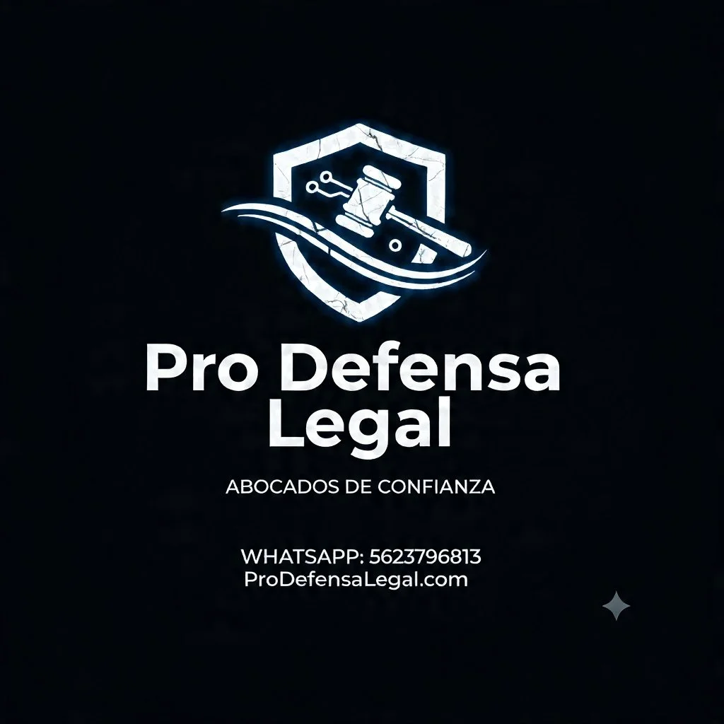 Logo de una firma legal llamada 'Pro Defensa Legal' con un canciller, un martillo y una escuadra, sobre un escudo, y texto que indica 'Abogados de confianza', número de WhatsApp y sitio web.