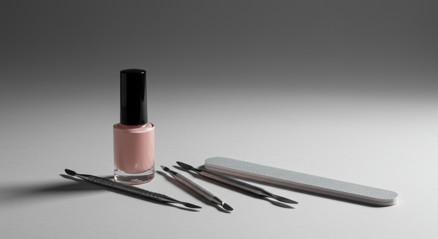 A bottle of light pink nail polish, four manicure tools, and a nail file arranged on a gray surface with a gray background.