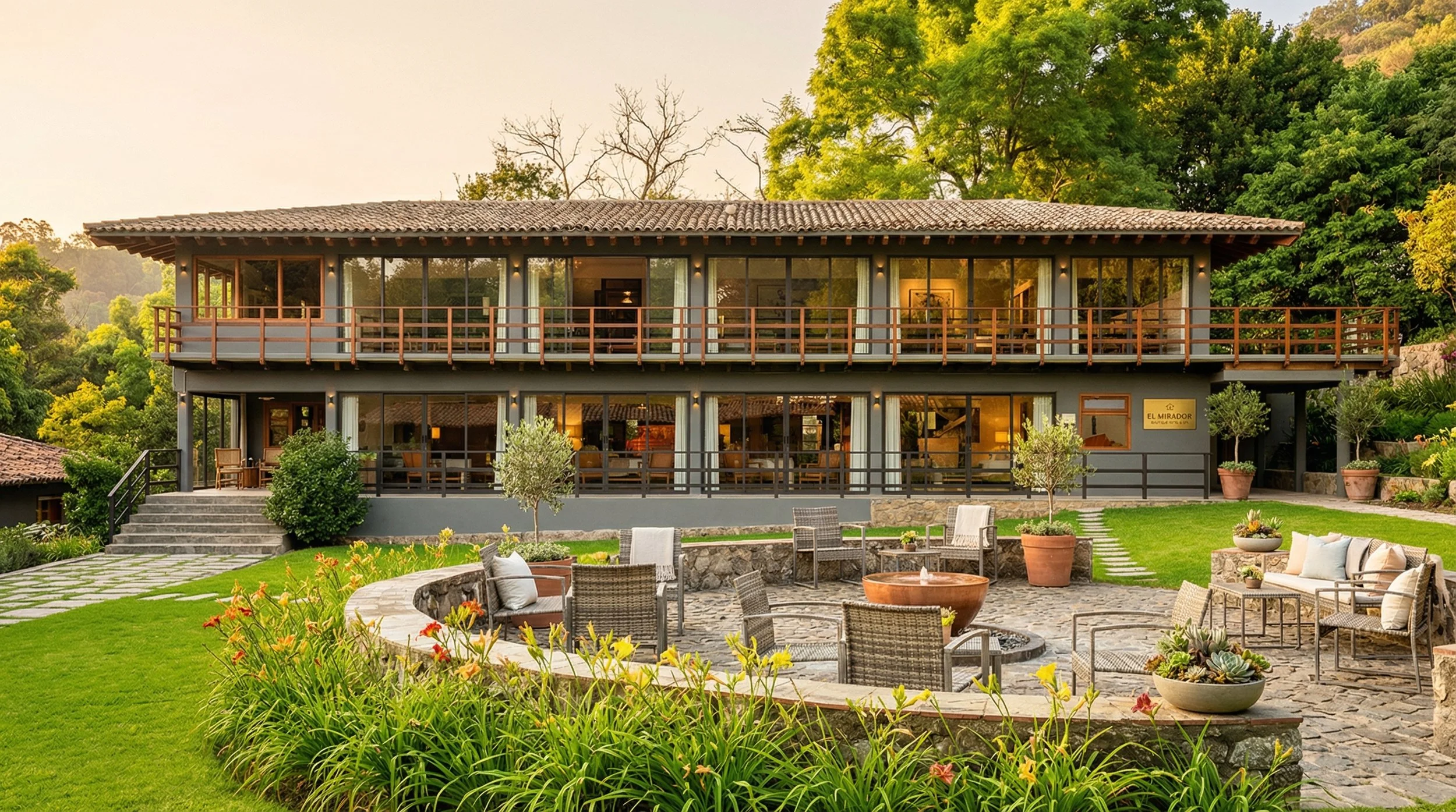 Edificio de dos plantas con ventanas largas, balcón en la segunda planta, rodeado de árboles y plantas, con área de descanso con sillas y mesa en el jardín.