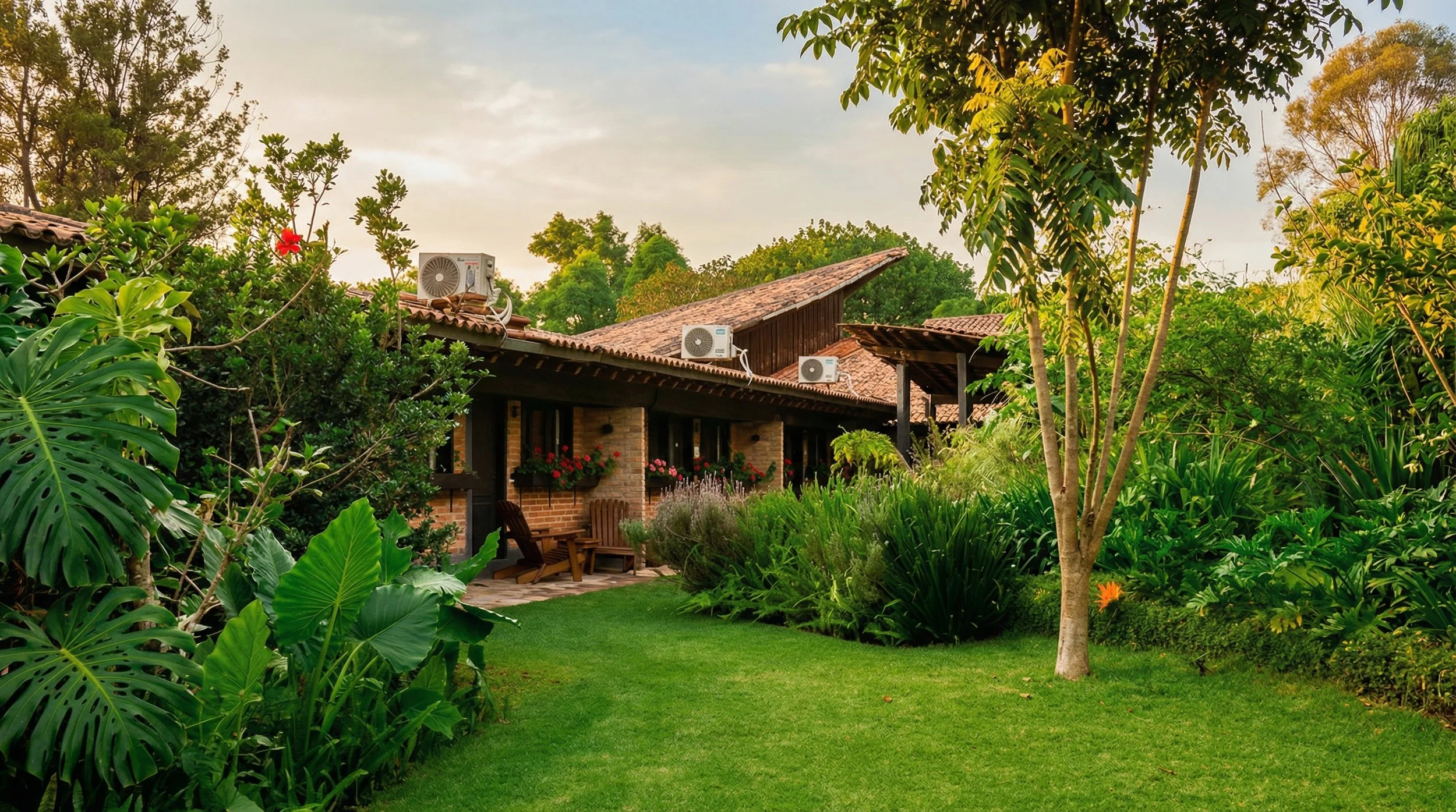 Jardín con césped bien cuidado, árboles y plantas, y una casa de un piso con paredes de ladrillo y ventanas con macetas de flores, en un día soleado.