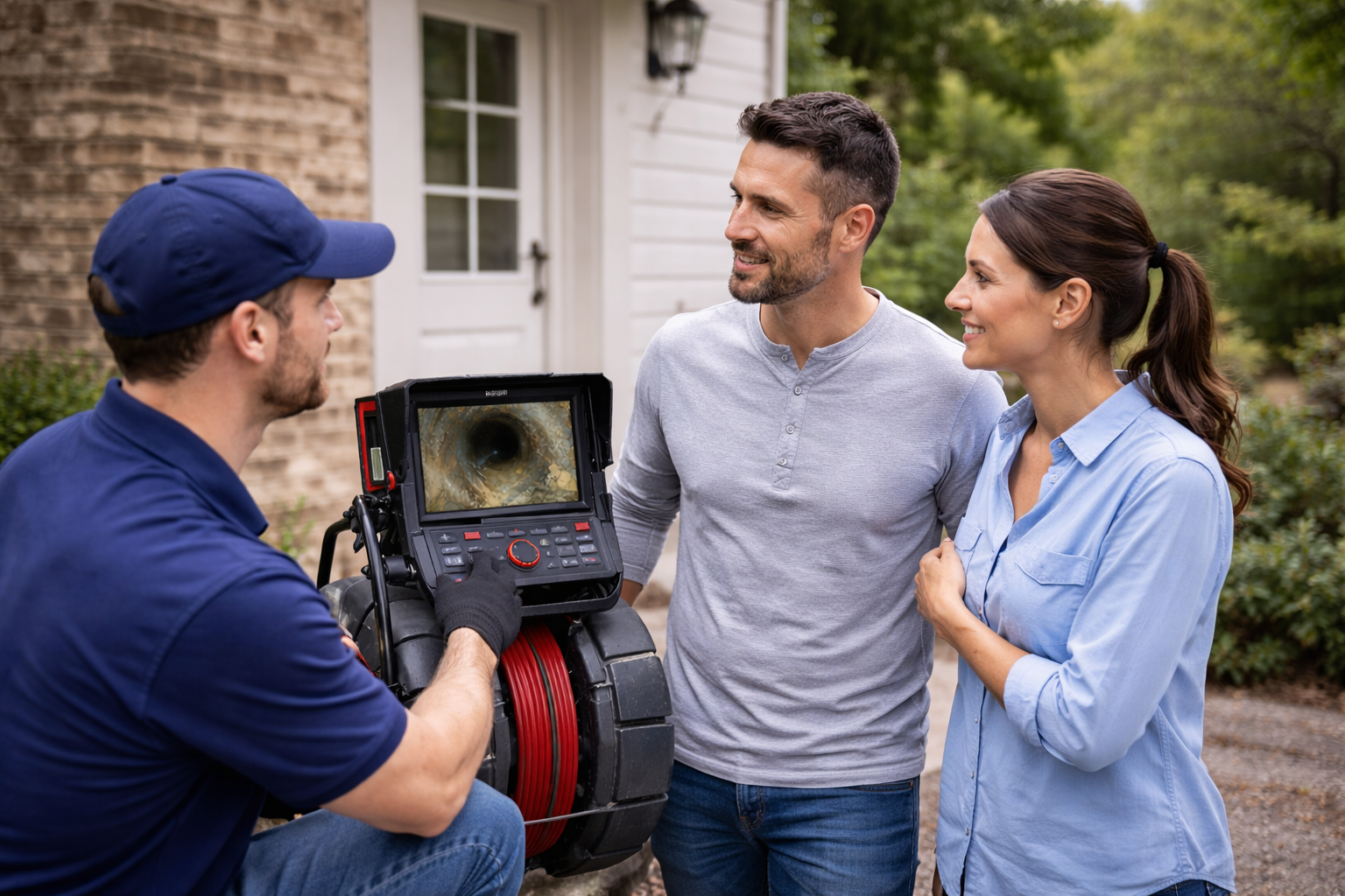 A couple talking to a technician studying a sewer inspection camera outside their house.