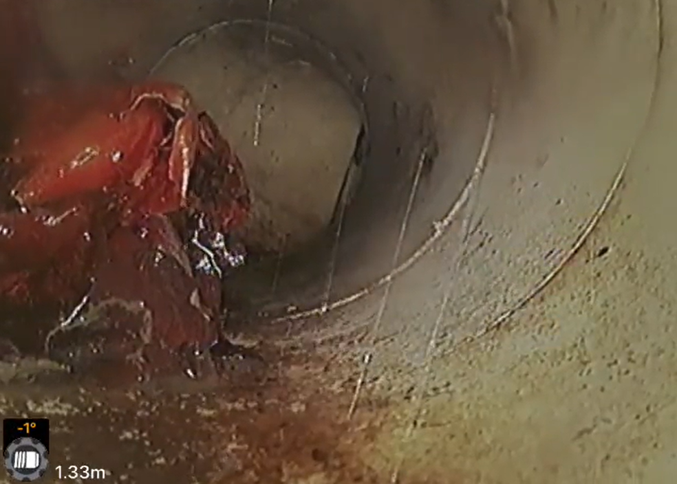 View inside a pipe or tunnel with debris and possible blockage at the end.