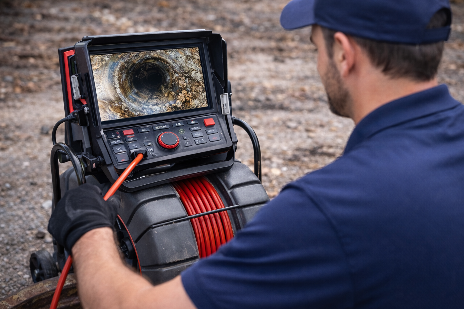 A worker using a pipe inspection camera on a red hose reel outdoors.