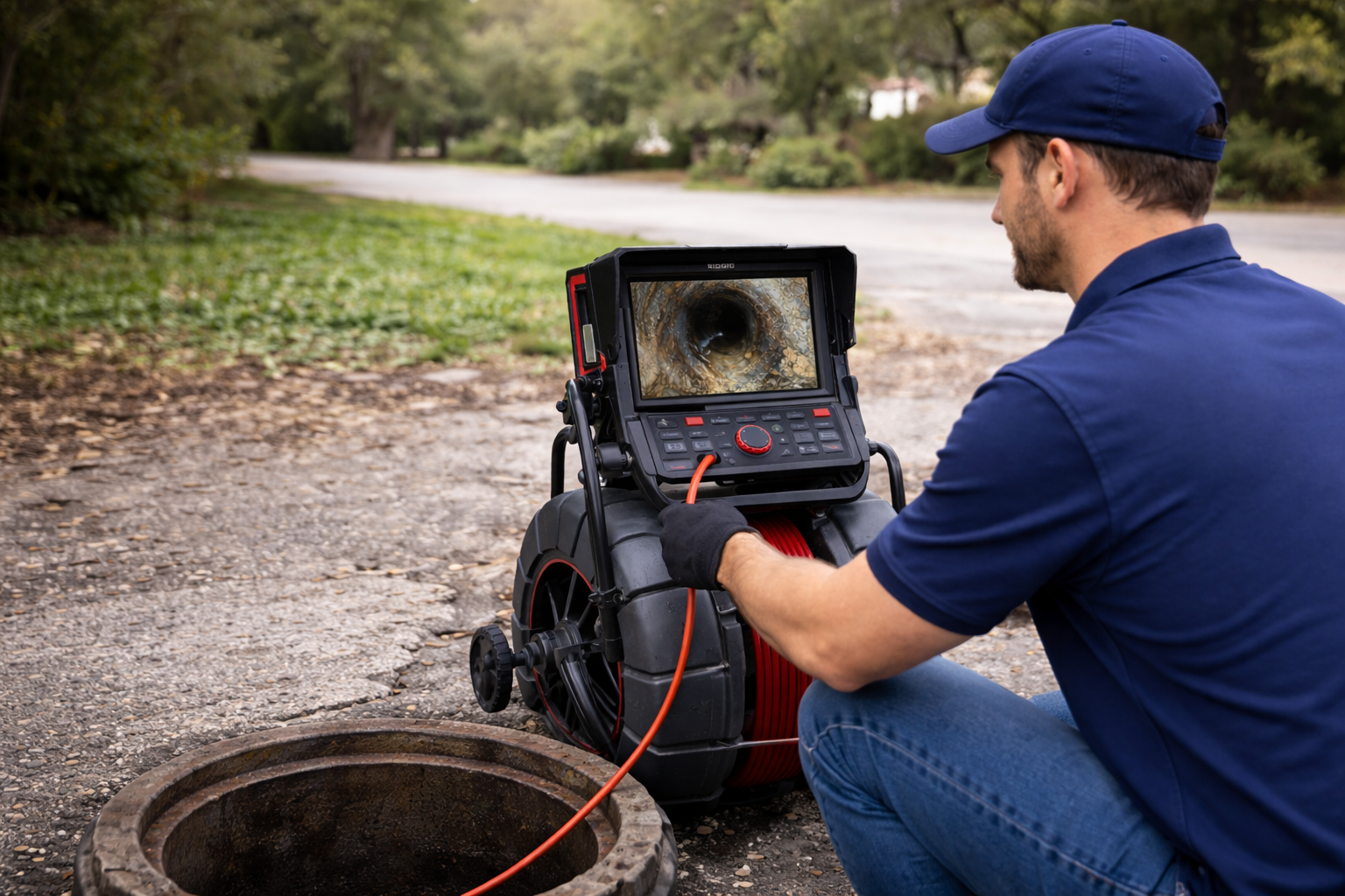 A worker uses a pipe inspection camera to check inside a sewer drain on a sidewalk in a park-like area.