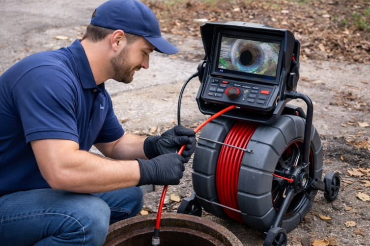 A man in a blue cap and shirt inspecting a sewer drain with a robotic pipe inspection camera.