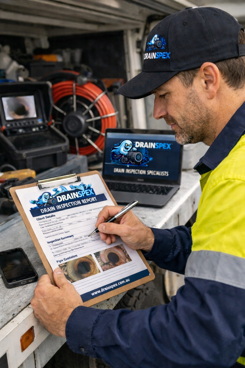 A man in a high-visibility jacket and cap inspecting pipes with a clipboard, surrounded by tools and equipment, with a laptop displaying 'Drain Spex' logo and text 'Drain Inspection Specialists' in a work vehicle.