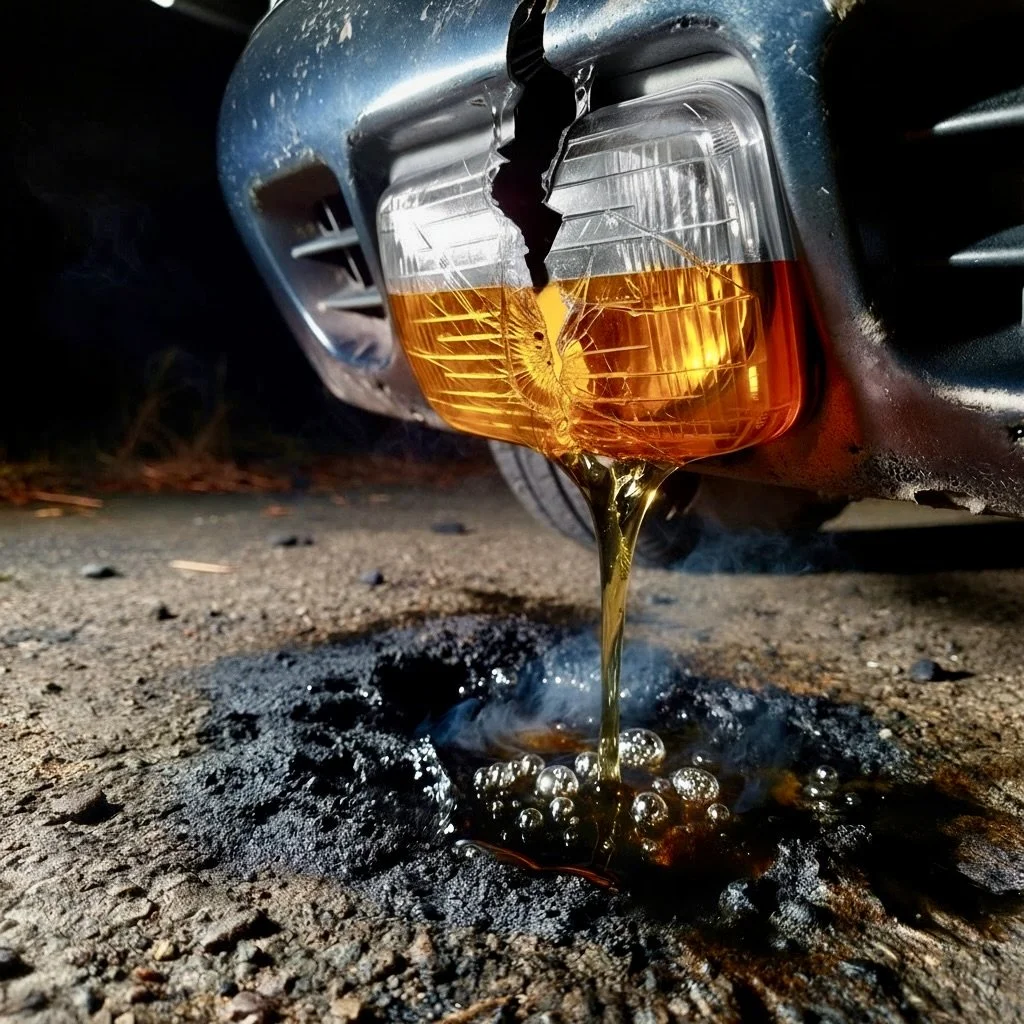 Cover art for the album Turn Signal Fluid by Louis Saxon. Broken orange car tail light with fluid leaking onto the ground.