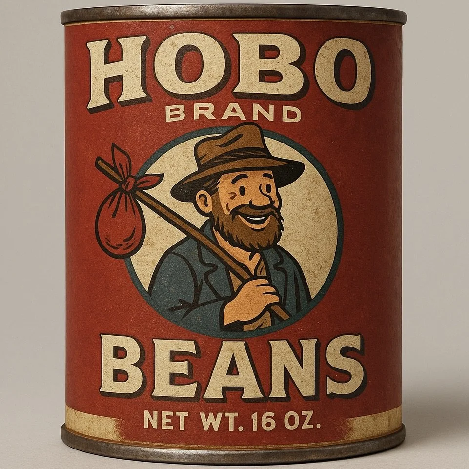 Cover art for the album Cano Beans by Hobo Trainwreck. A red can of Hobo Brand beans with a vintage-style illustration of a smiling hobo holding a stick with a tied-up cloth bag attached.