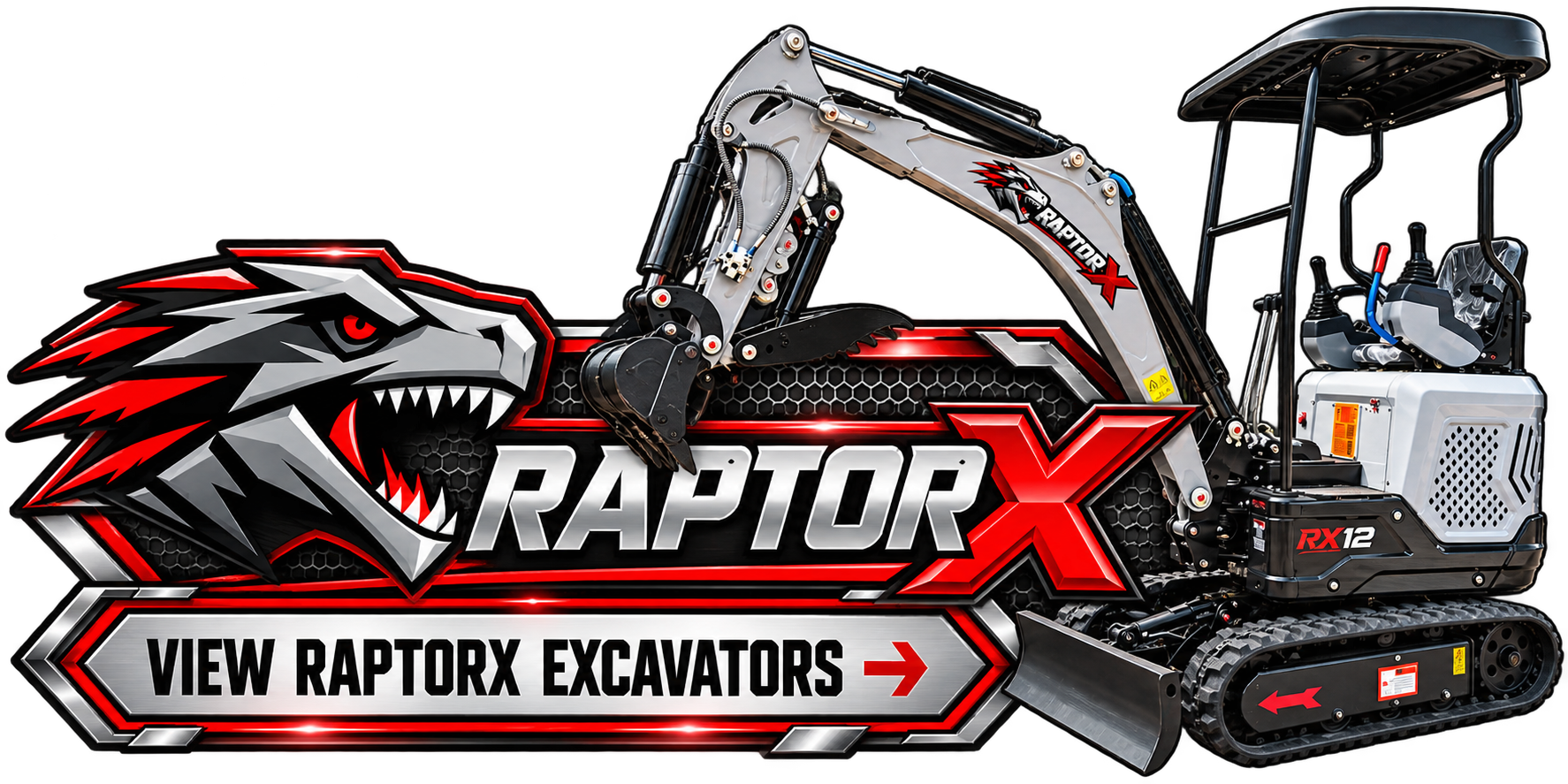 An advertisement for RaptorX excavators featuring a robotic-style mini excavator with a lion logo, a dragon graphic, and a button prompting viewers to see RaptorX excavators. RaptorX Mini Excavator