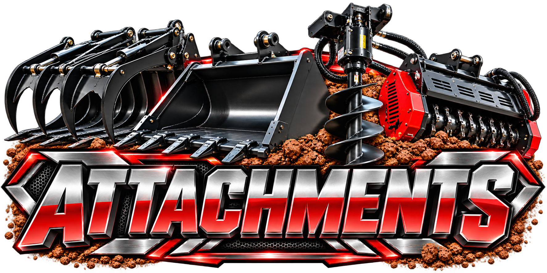 A detailed illustration featuring metal construction equipment with buckets, auger, and robotic-like machinery, set against a bed of dirt and soil. The image includes large, stylized text reading 'ATTACHMENTS' in bold, metallic font with red accents.