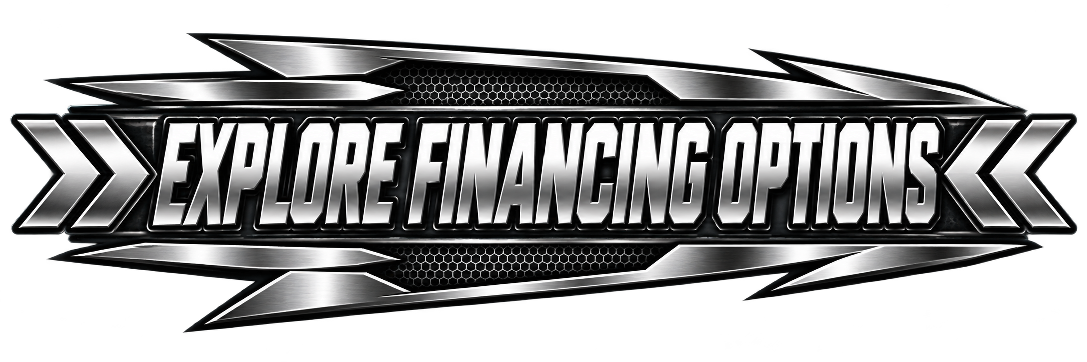 Futuristic metallic logo with the text "Explore Financing Options"