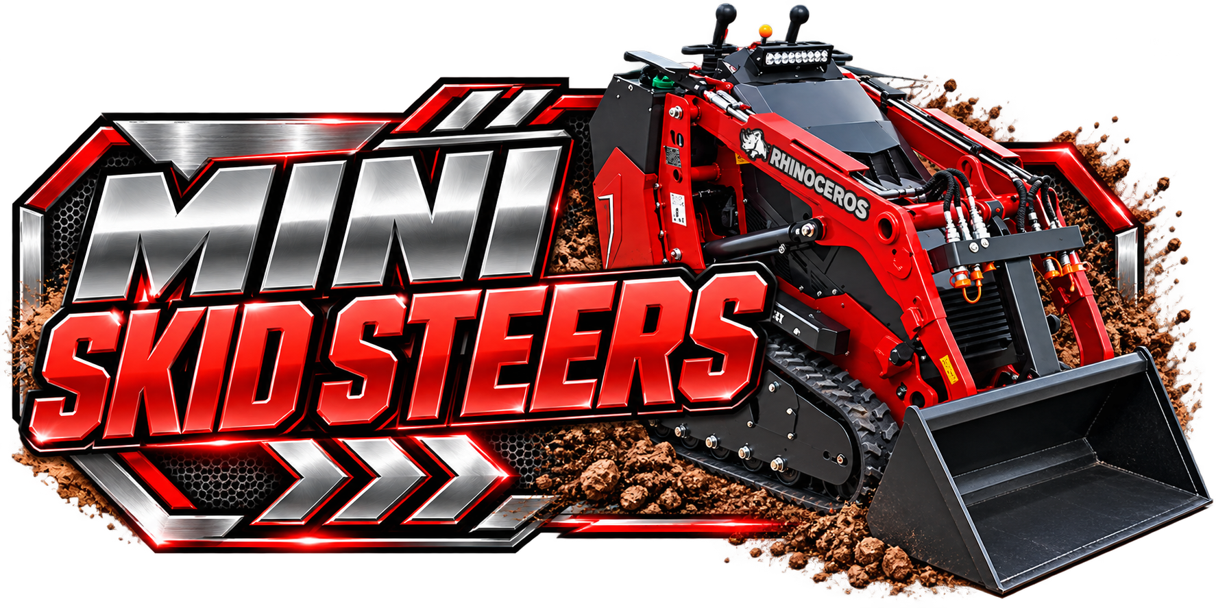 Logo for Mini Skidsters featuring a red and black toy skid-steer loader with a large front bucket, on a background of dirt and soil.