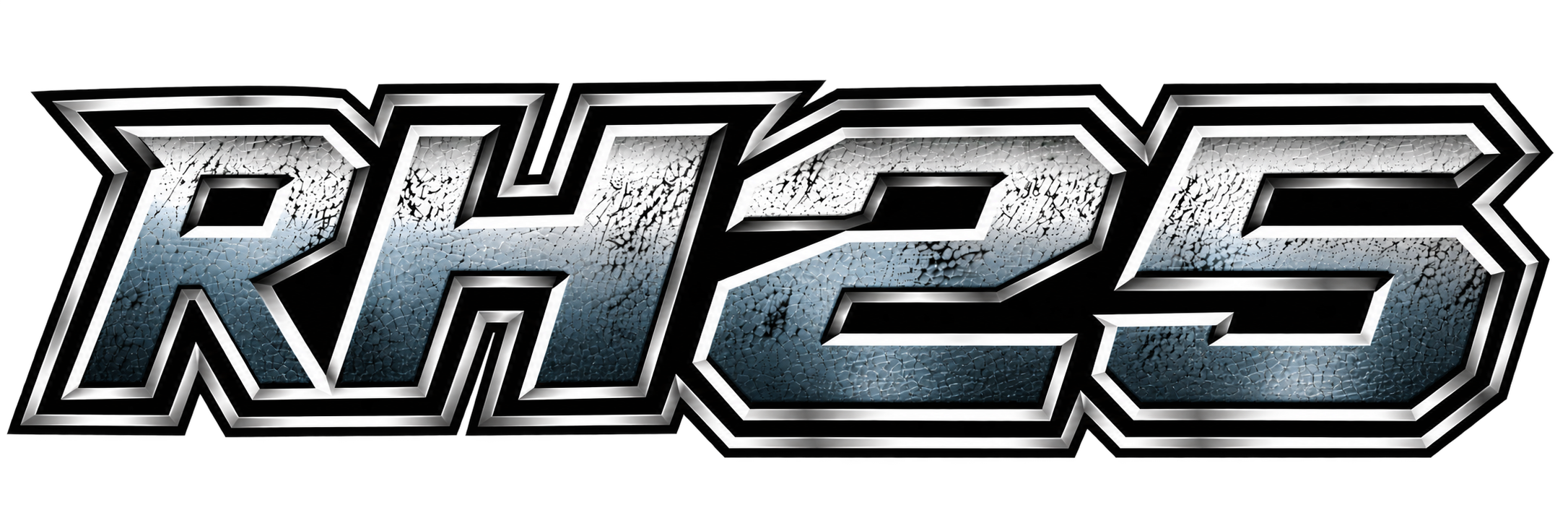 Stylized metallic silver and blue cracked-texture logo spelling “RUGS” on a black background