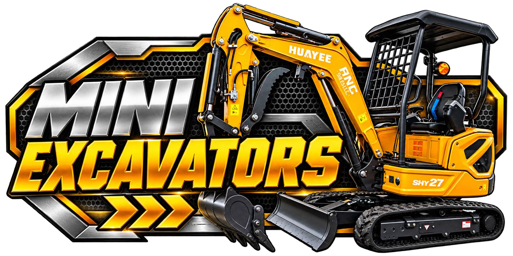 A logo for a game called Mini Excavators featuring a detailed miniature yellow excavator with black tracks and a black safety cage over the operator's seat. The text 'MINI EXCAVATORS' is prominently displayed in metallic and yellow letters.