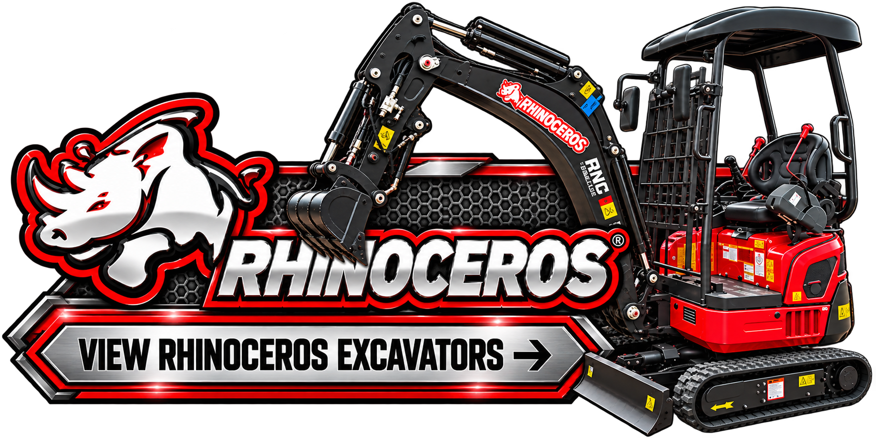 Advertisement display of a red and black small excavator with a graphic of a rhino and the text 'Rhinoceros' and 'View Rhinoceros Excavators' with an arrow. Rhinoceros Mini Excavators