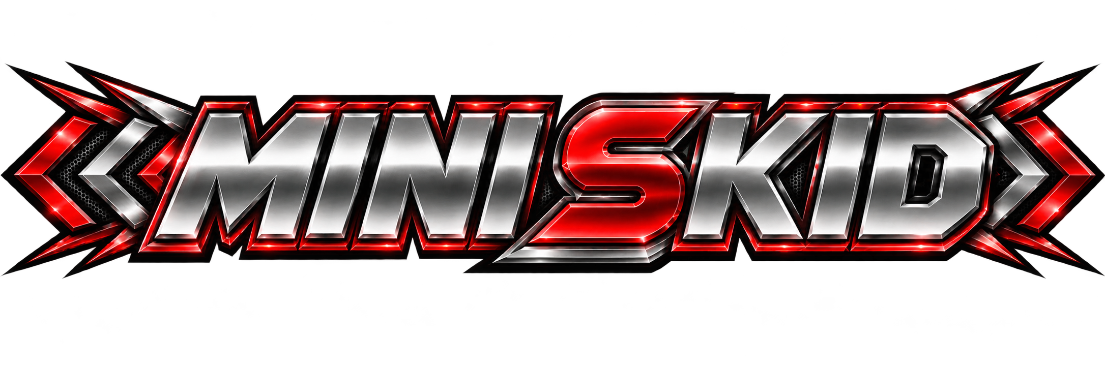 Logo for 'Minis Kid' with metallic silver and red 3D style text and sharp graphic accents