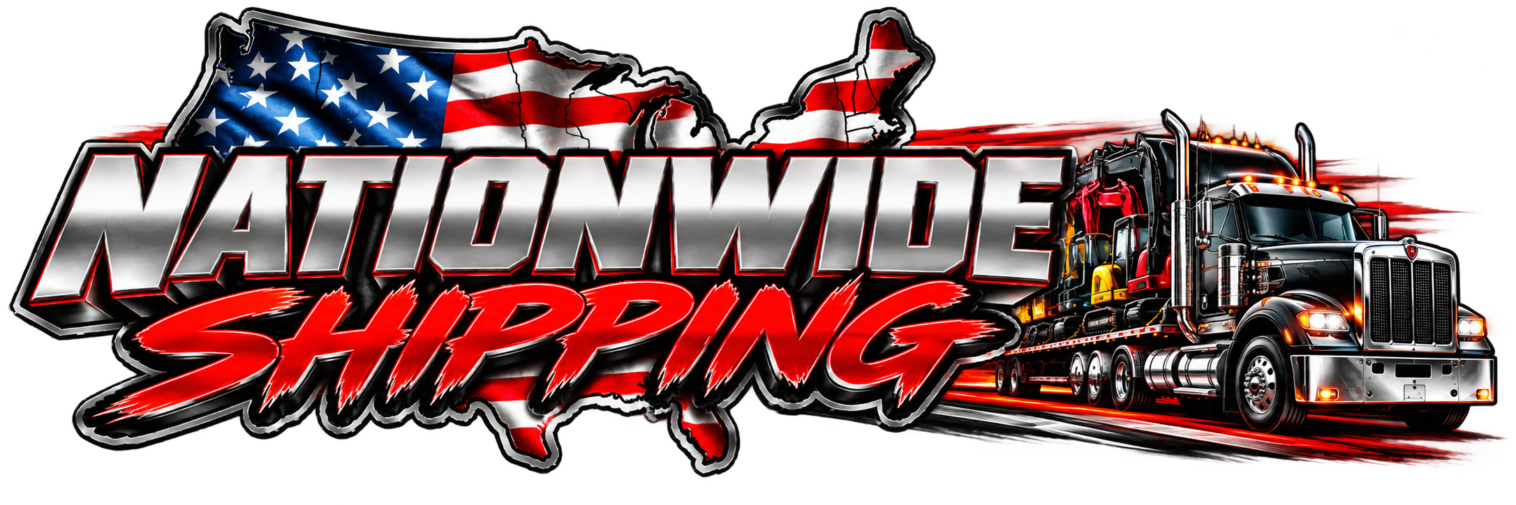 Graphic logo with an American flag inside an outline of the United States, bold text reading 'Nationwide Shipping' with a semi-truck hauling a trailer, all in red, white, blue, and black colors.