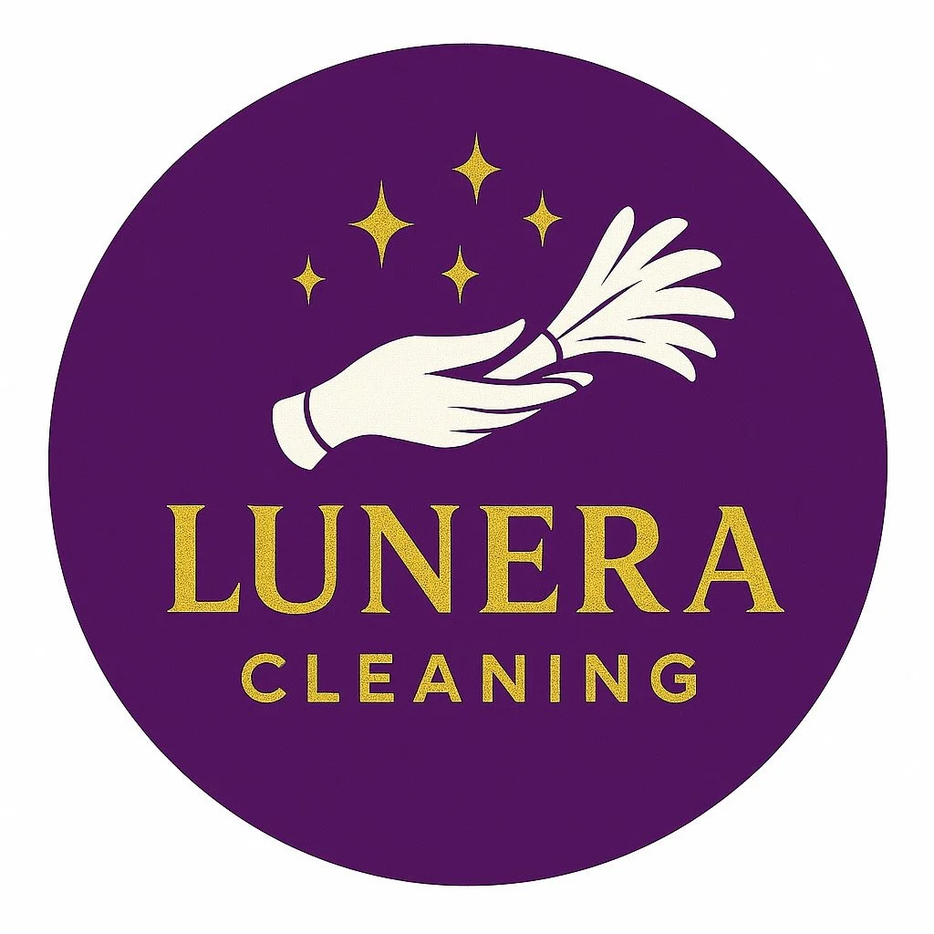 Logo for Lunera Cleaning featuring a white hand holding a feather duster with yellow stars around it, purple background, and gold text.