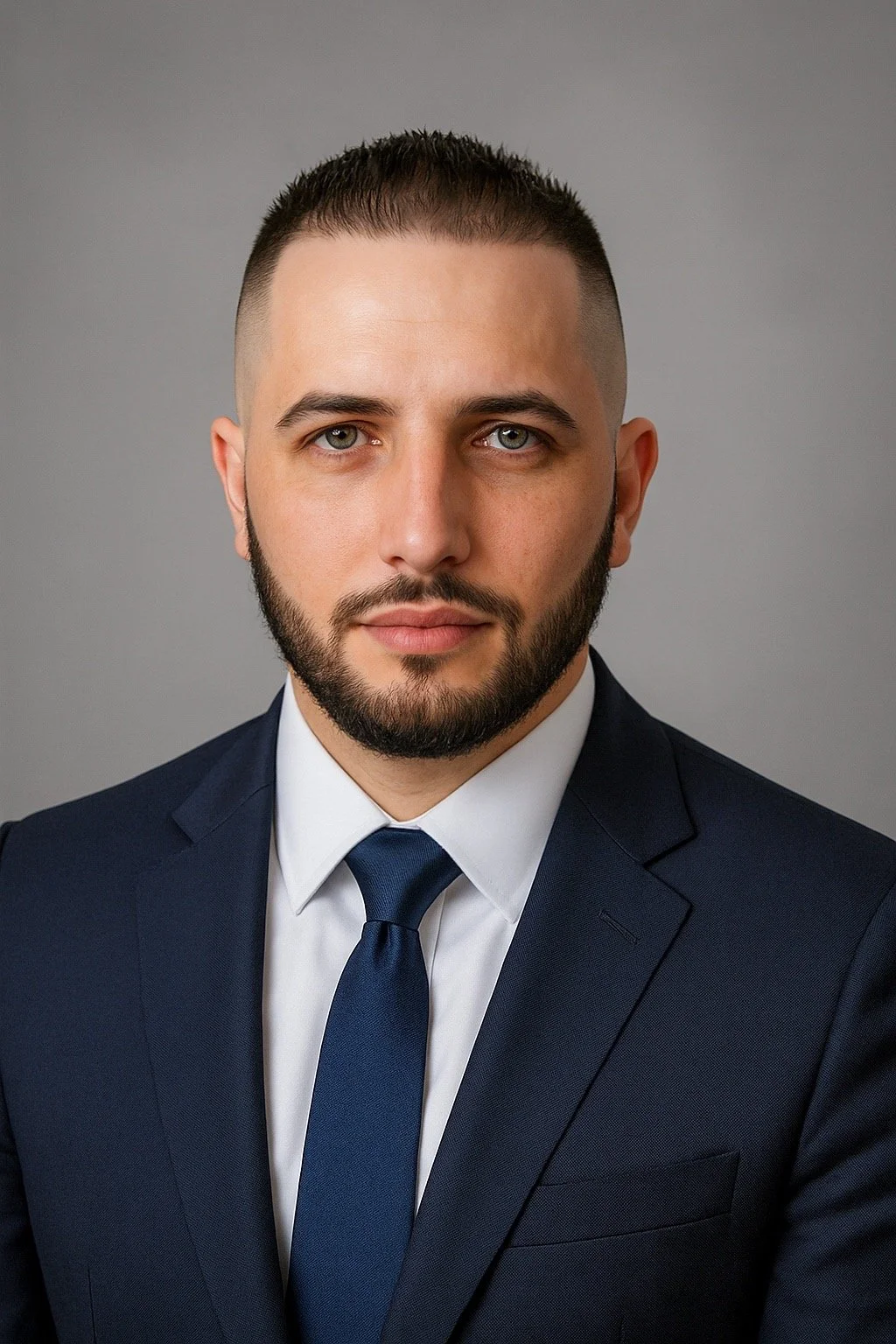 Headshot of a man with a short haircut, beard, blue eyes, dressed in a dark navy suit, white shirt, and navy tie, against a neutral gray background.