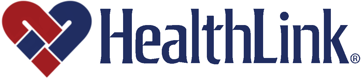 HealthLink logo with a heart-shaped icon combining red and blue elements and the text 'HealthLink' in blue.