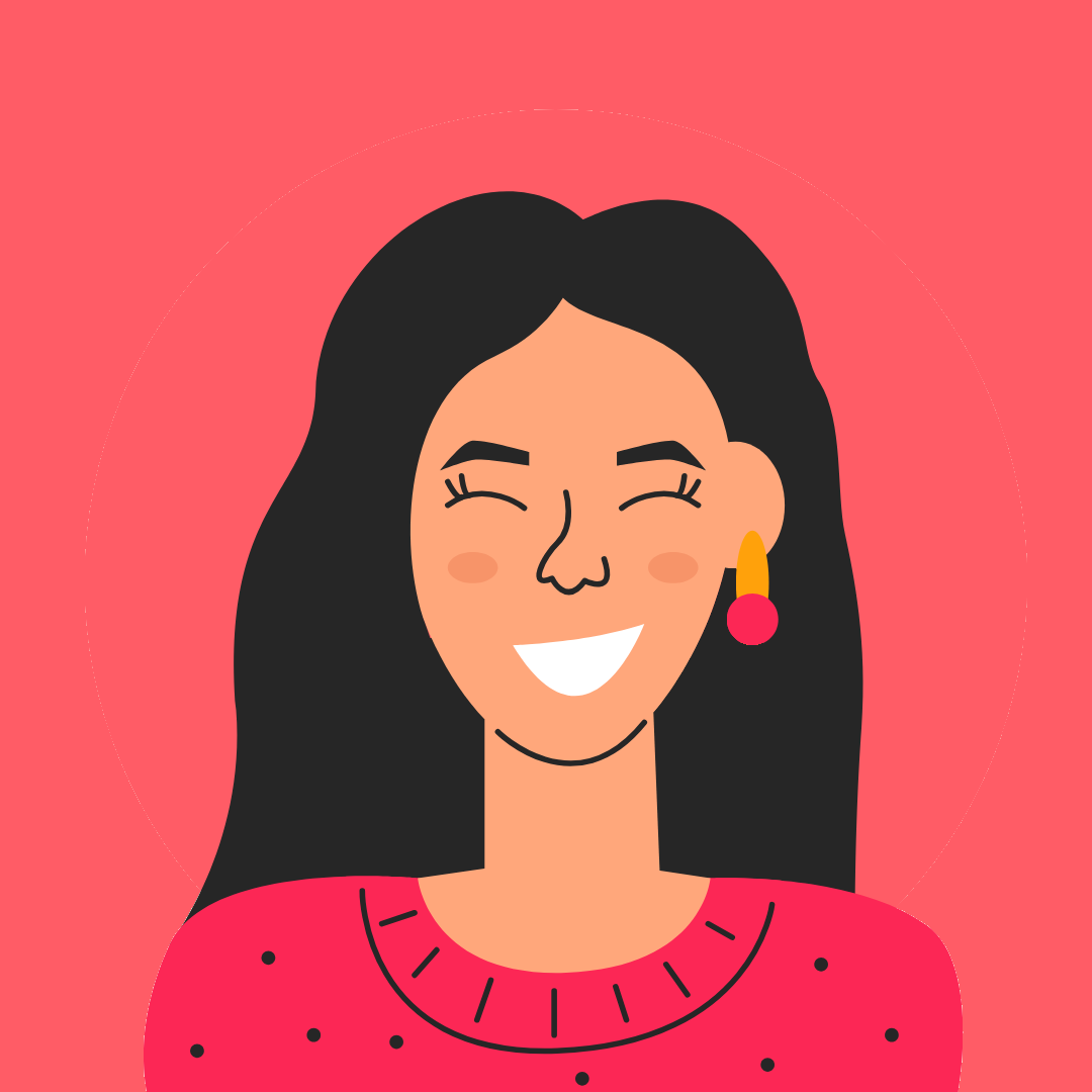 Illustration of a woman with long dark hair, smiling with eyes closed, wearing a red polka dot shirt and a colorful earring, against a pink background.