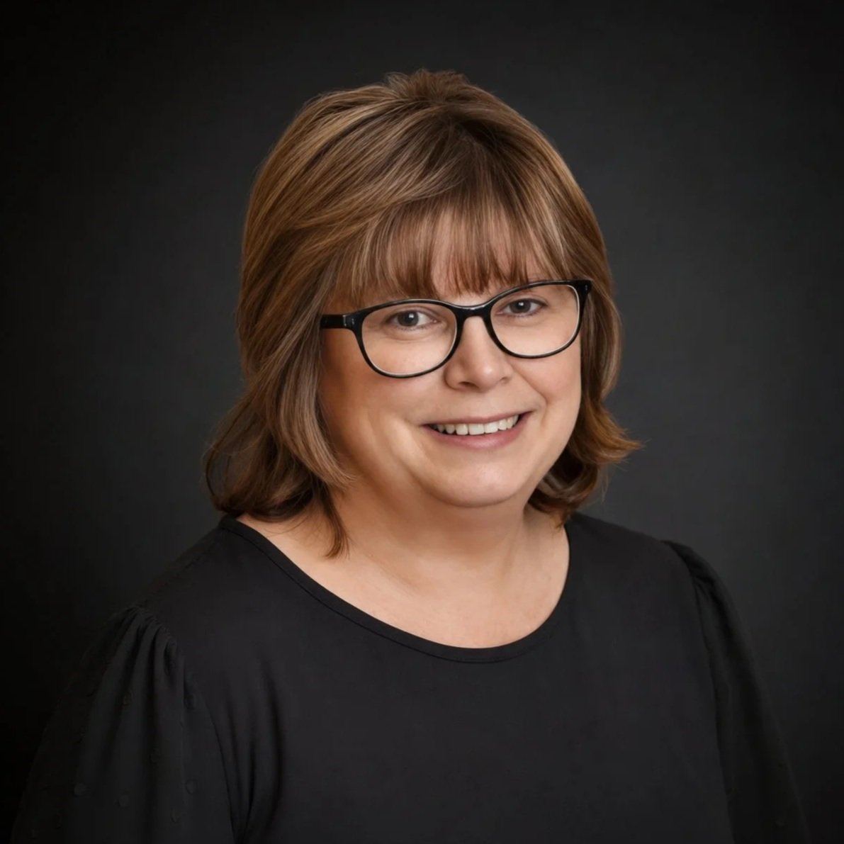A woman with shoulder-length light brown hair, glasses, and a black blouse, smiling against a dark background.