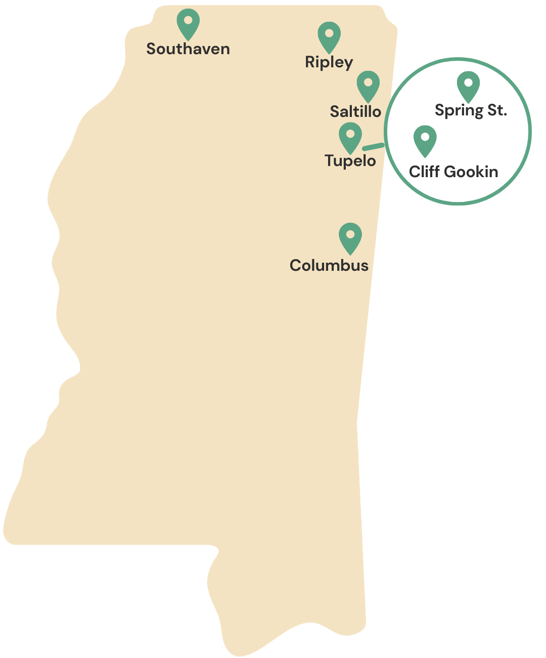 Image of a silhouetted map of Mississippi with Heale Counseling's locations pinned