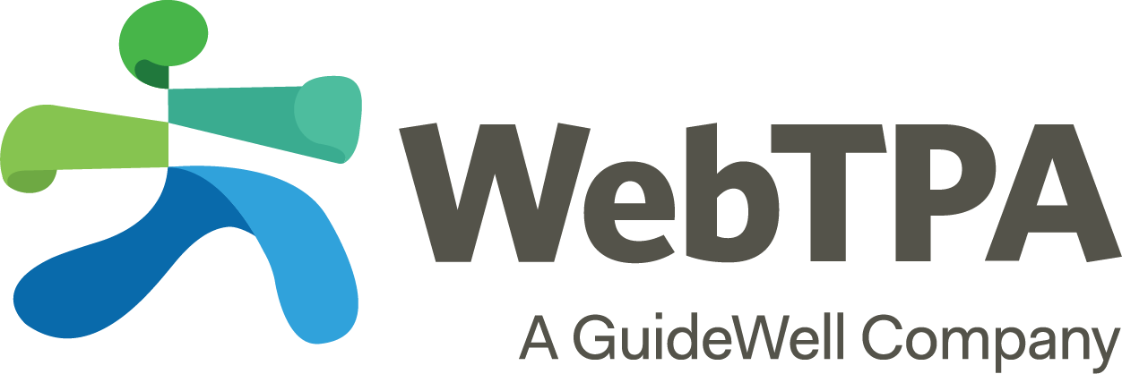 Logo of WebTPA, a GuideWell company, featuring a stylized abstract figure in green and blue next to the text.