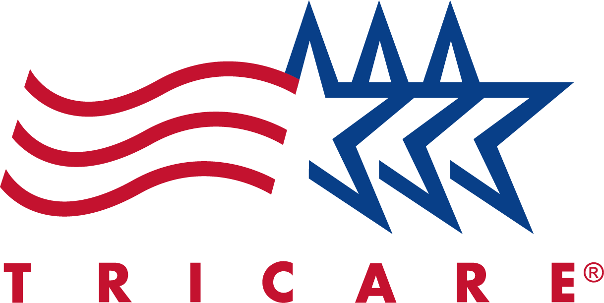 Logo featuring three red wavy lines and three blue stars, with the word 'TRICARE' in red text underneath.