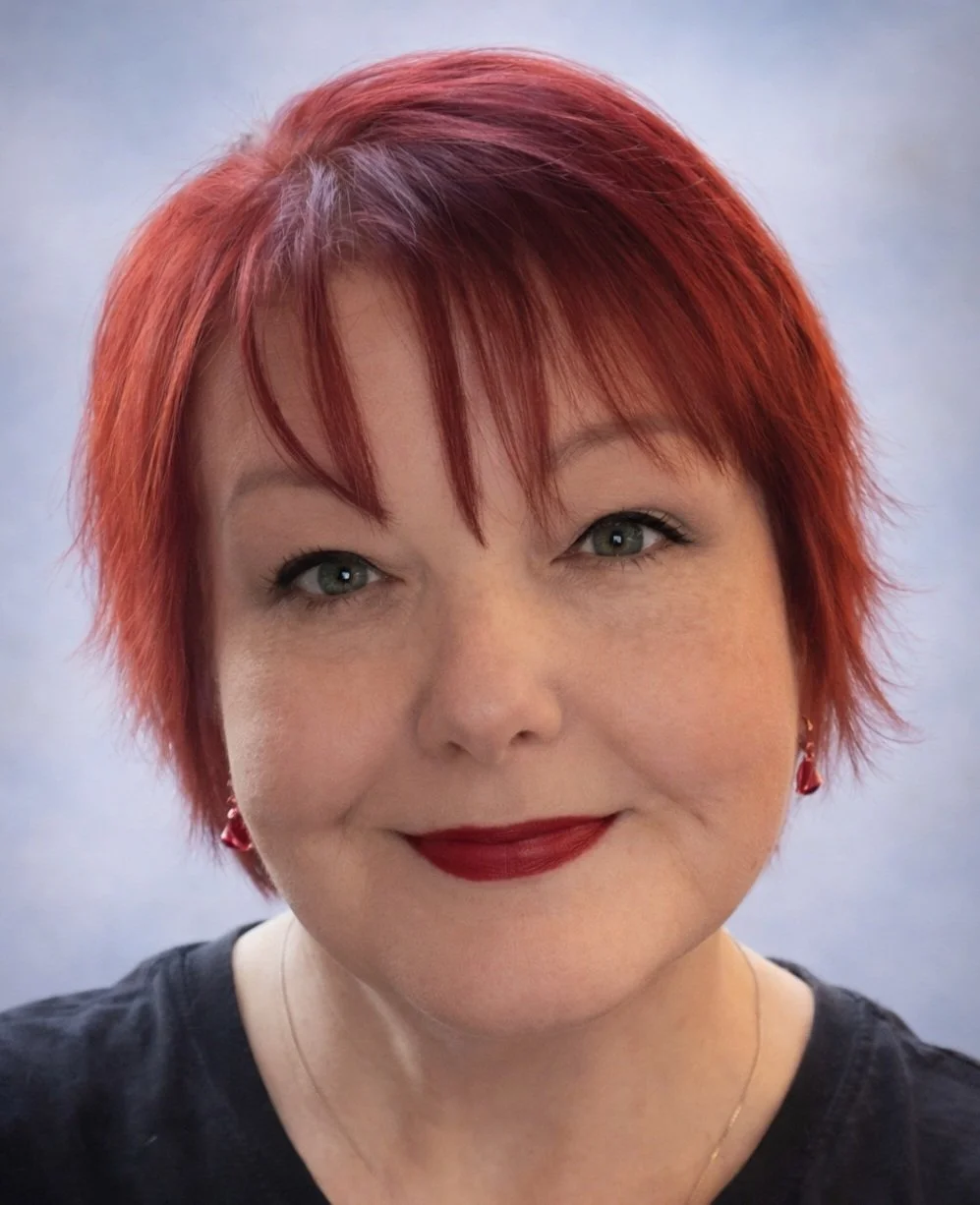 A woman with short red hair and dark lipstick smiling for a selfie indoors.