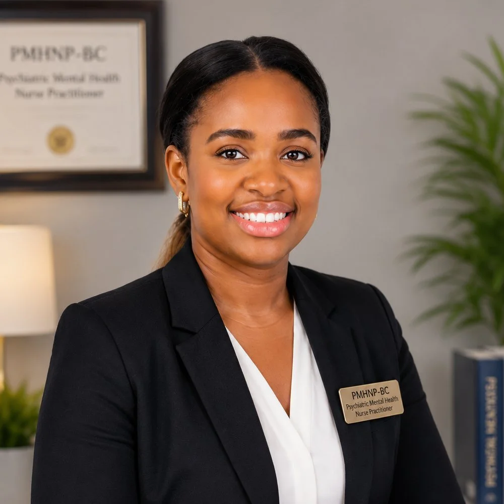 A woman smiling, wearing a black blazer in a clinical office a lamp, and a green plant in the background.