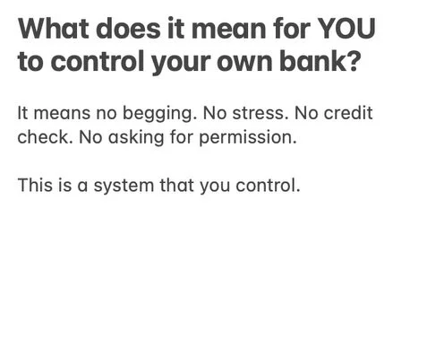 Most people spend their entire life depending on banks.

Need money?
Ask for permission.
Need more time?
Pay penalties.
Miss payments?
Now the stress starts.

Infinite banking is about creating more CONTROL.

A place to safely store money.
A place wh