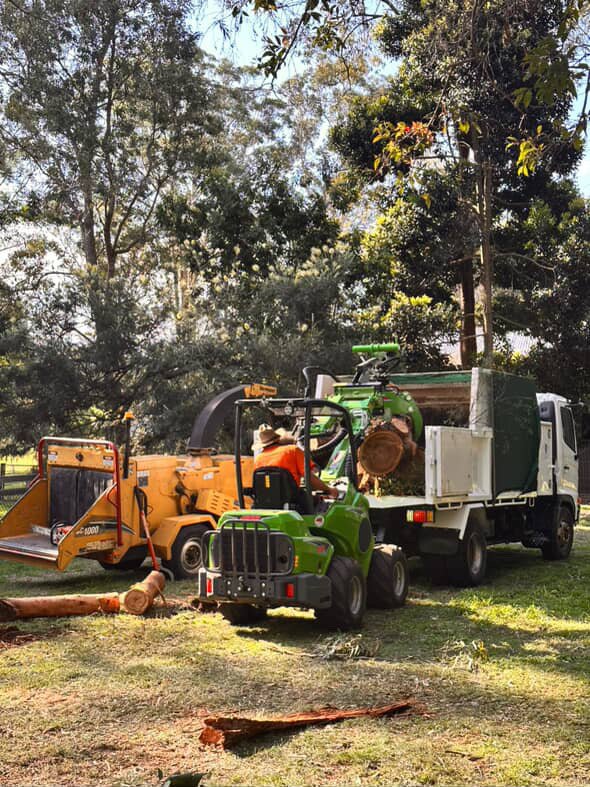 Work crew using a wood chipper to process a fallen log as a large truck and other equipment look on in a park or wooded area.