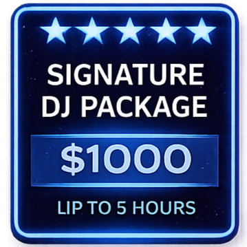 Neon sign advertising a signature DJ package for $1000, lasting up to 5 hours, with a five-star rating.