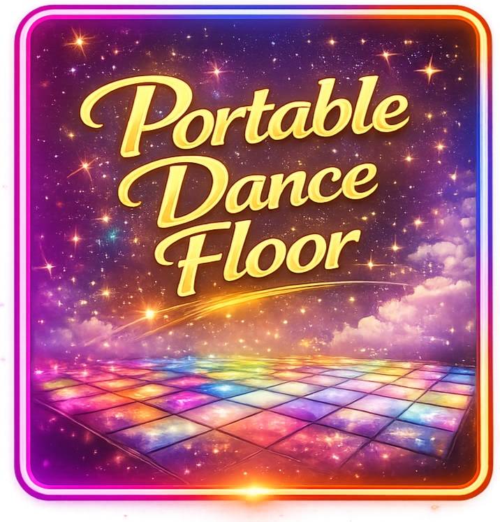 Colorful neon sign reading 'Portable Dance Floor' with a rainbow-lit dance floor and starry background.