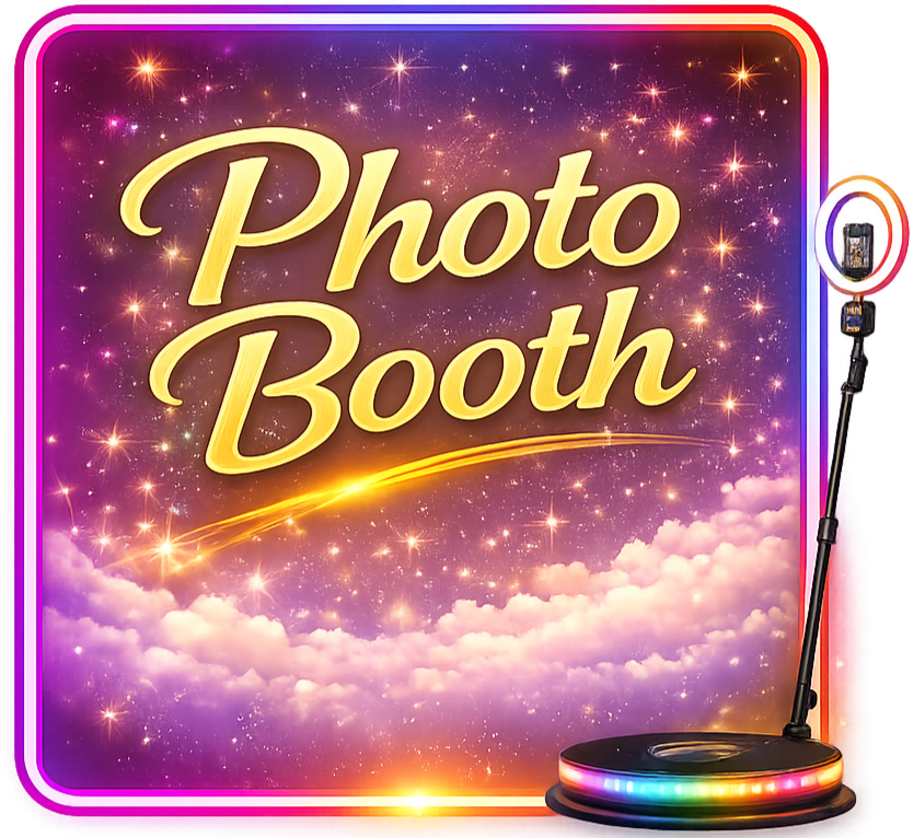 Bright sign with swirling stars, clouds, and rainbow lighting around the edges, reading 'Photo Booth' in bold, cursive yellow font, with a standing photo booth camera on a tripod to the right.