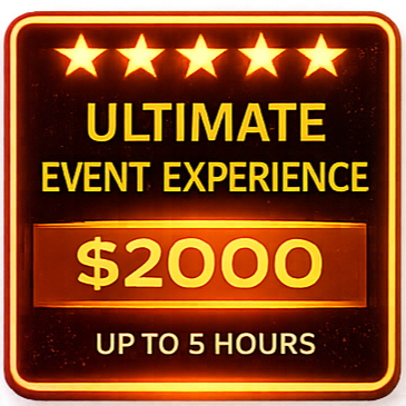 Neon sign advertising a five-star ultimate event experience with a prize of $2000 and duration of up to five hours.