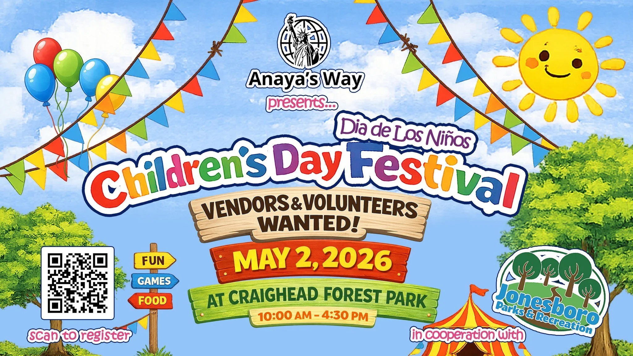 Colorful flyer for a children's day festival at Craighead Forest Park on May 2, 2026, from 10:00 AM to 4:30 PM. Features balloons, a smiling sun, trees, a tent, playful banners, and a QR code for registration.