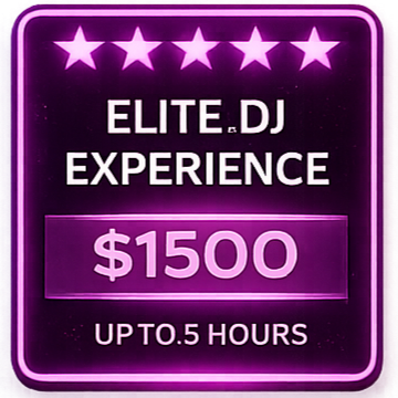 Neon sign for Elite DJ Experience, offers up to 5 hours of DJ service for $1500, with a five-star rating display.