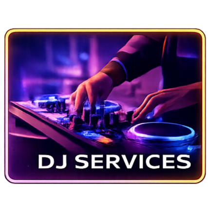 DJ mixing with neon lights, turntables, and audio equipment, with the text 'DJ Services' at the bottom.