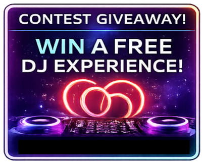 A promotional poster advertising a contest to win a free DJ experience, featuring glowing neon rings and turntables against a starry background.