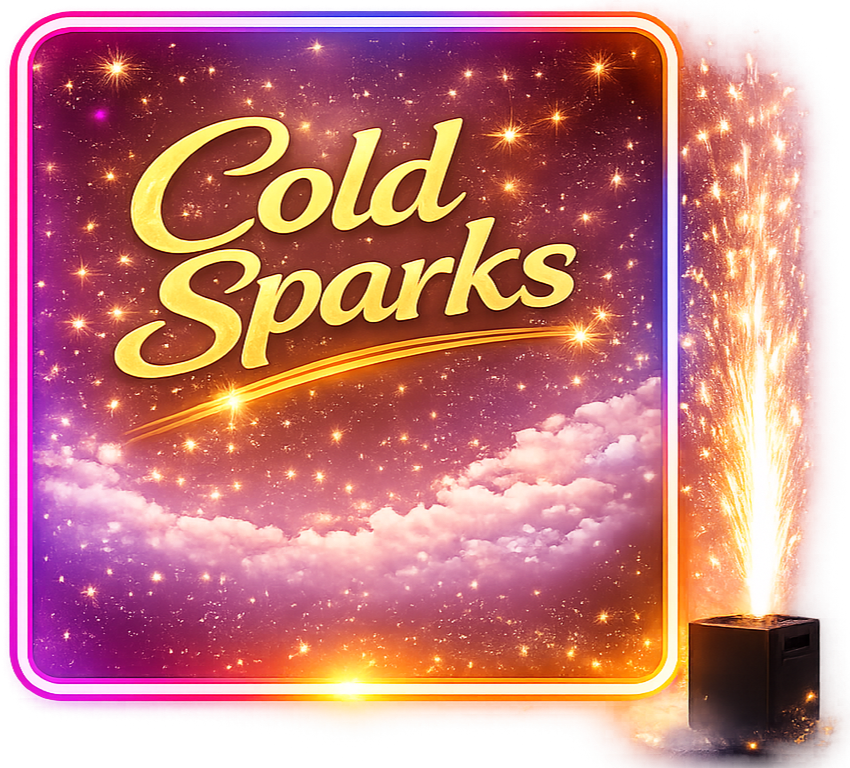 Bright neon sign reads 'Cold Sparks' with a galaxy and clouds background, accompanied by a spark fountain emitting sparks on the right side.