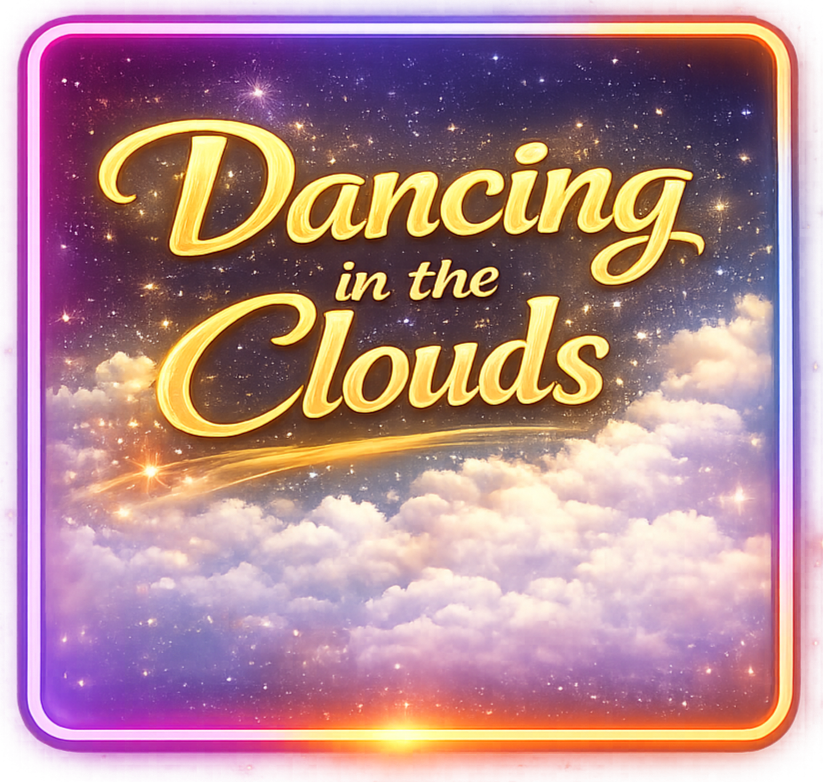 Neon sign with the text 'Dancing in the Clouds,' featuring a background of clouds, stars, and a rainbow-colored border.