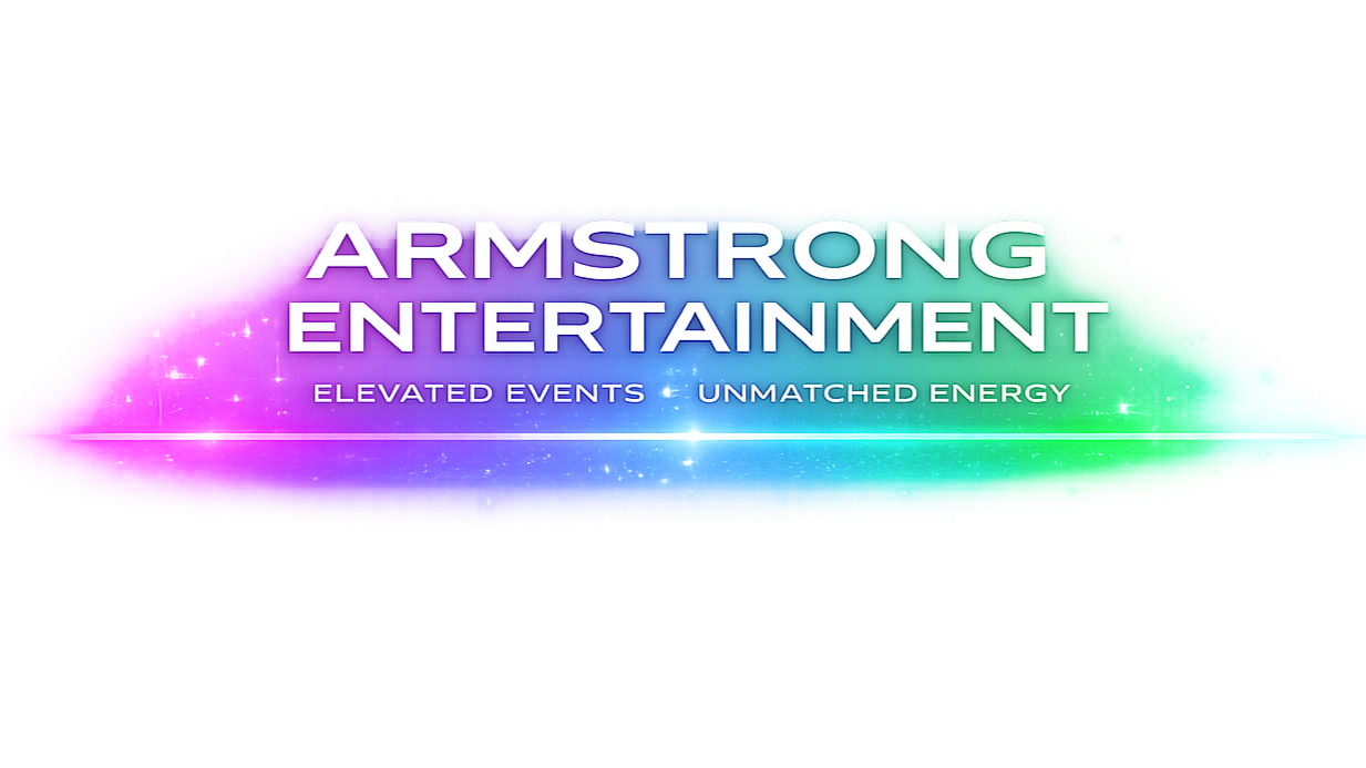 Colorful logo for Armstrong Entertainment featuring a gradient of pink, purple, blue, and green, with the text "Armstrong Entertainment" and the tagline "Elevated Events - Unmatched Energy".
