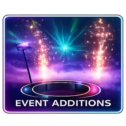 Bright neon sign with fireworks, laser lights, and a ring in the center, reading 'Event Additions'